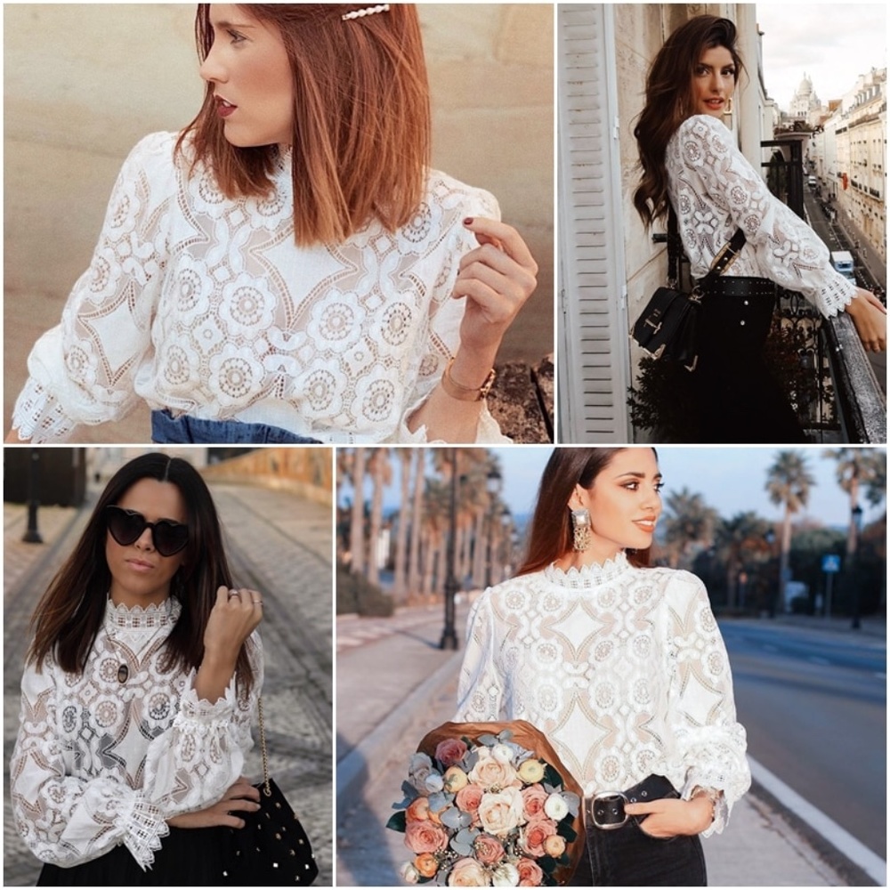 White Lace High Neck Long Sleeve Shirt - Picture 8 of 16